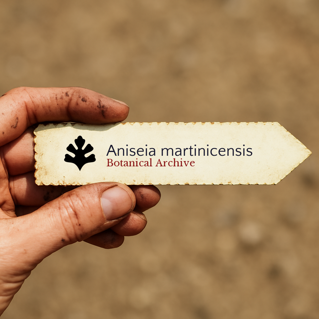 Etichetta vintage portatile del Botanical Archive per Aniseia martinicensis con icona decorativa a foglia