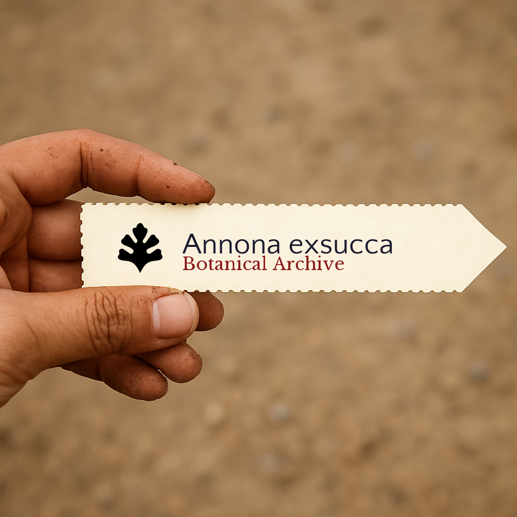 Etichetta stampata per pianta di Annona exsucca tenuta a mano con sfondo sfocato di terreno
