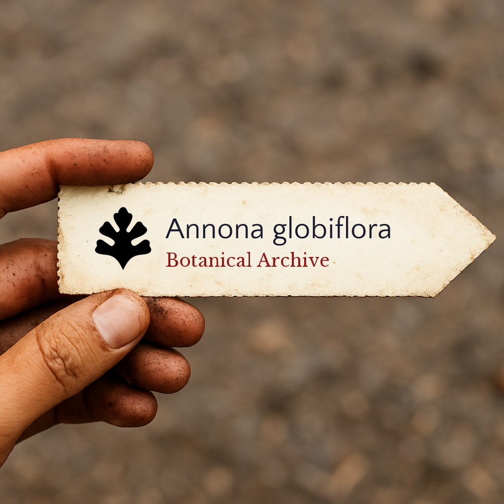 Printed plant label for Annona globiflora with botanical archive logo held by hand