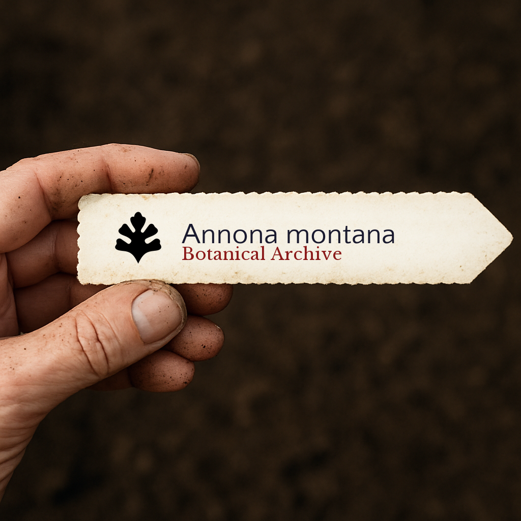 Etichetta stampata per pianta di Annona montana con logo Botanical Archive tenuta in mano