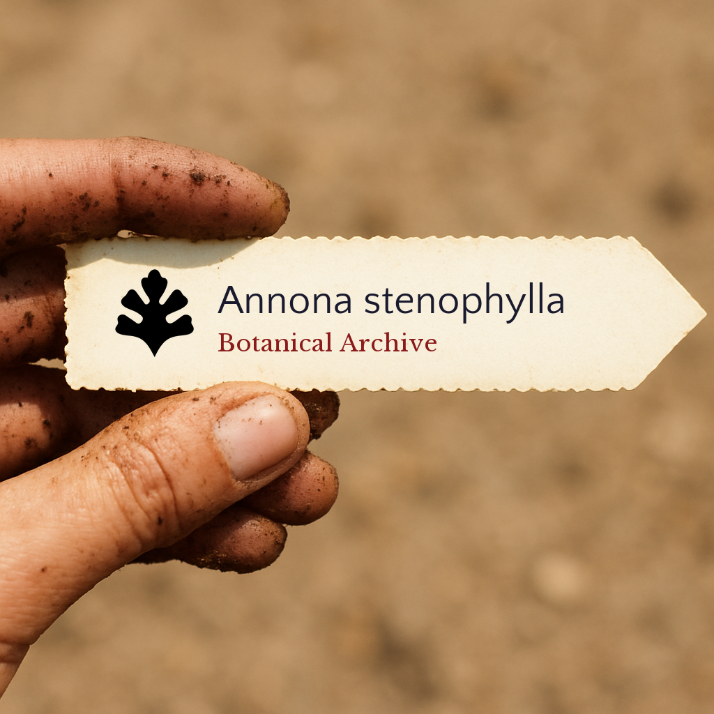 Etichetta per pianta stampata per Annona stenophylla tenuta da mano sporca all'aperto