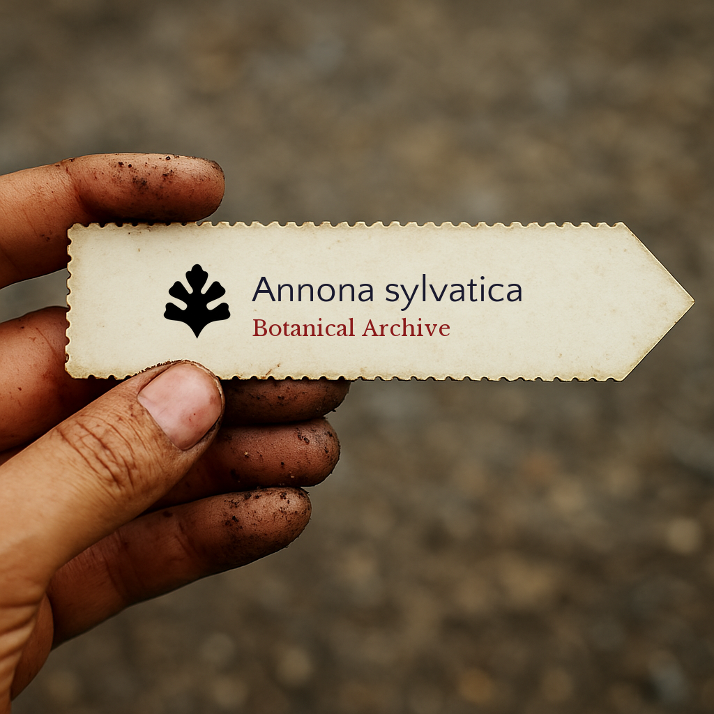 Etichetta stampata per pianta di Annona sylvatica tenuta da mano sporca all'aperto