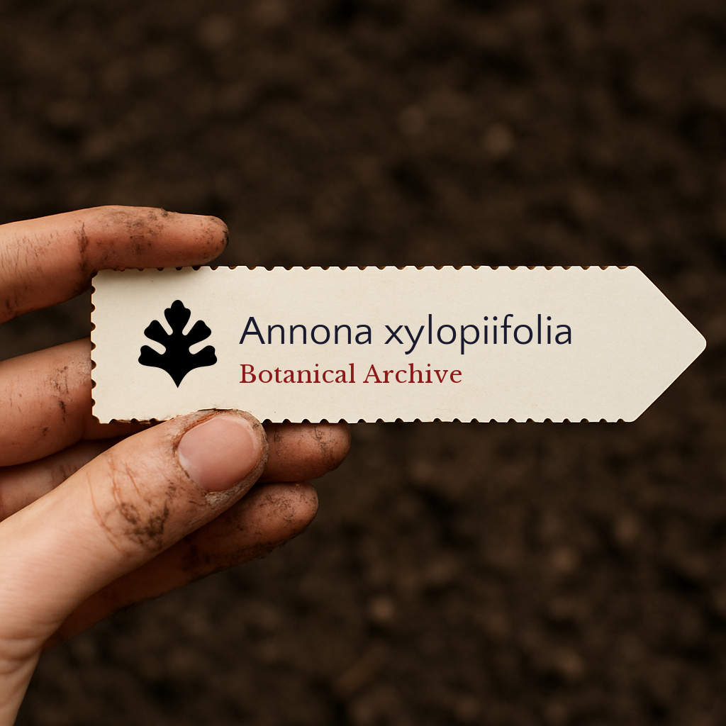 Etichetta stampata per pianta di Annona xylopiifolia con logo Botanical Archive sopra il terreno