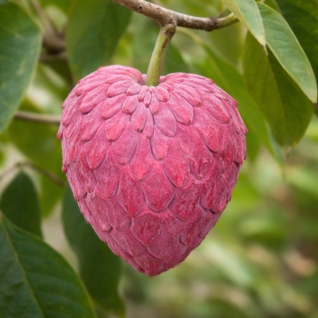 Annona cherimola ripe pink custard apple fruit with textured scales on tree branch