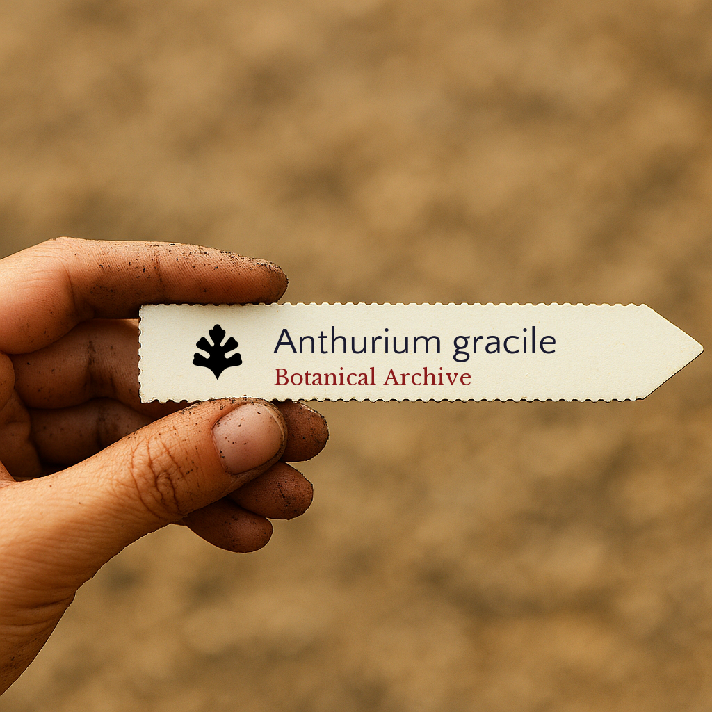 Printed plant label for Anthurium gracile held by dirty hand over soil background