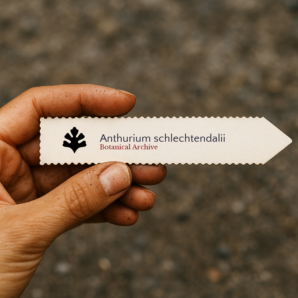 Printed plant label for Anthurium schlechtendalii held by hand with soil on fingers