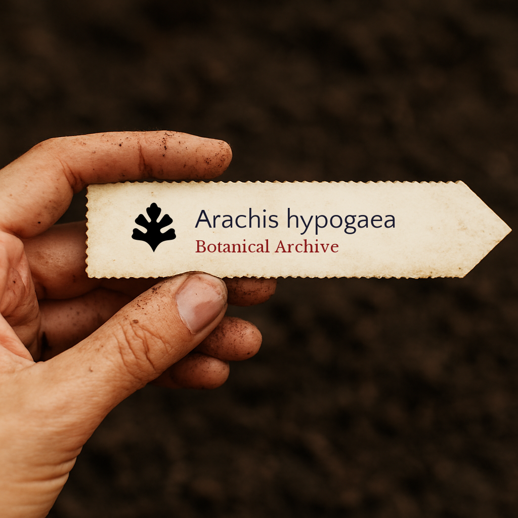 Printed plant label for Arachis hypogaea held by dirty hand over soil background