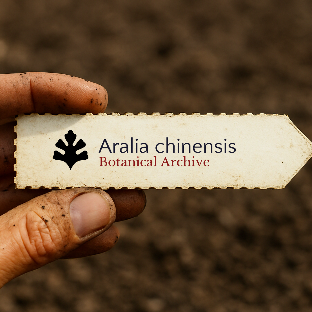 Etichetta per pianta stampata per Aralia chinensis tenuta da una mano sporca su sfondo di terreno