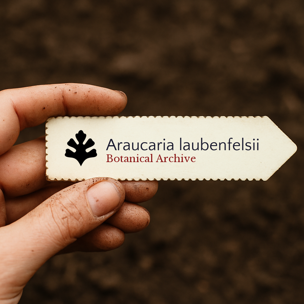 Etichetta per pianta stampata con Araucaria laubenfelsii tenuta in mano su sfondo di terreno