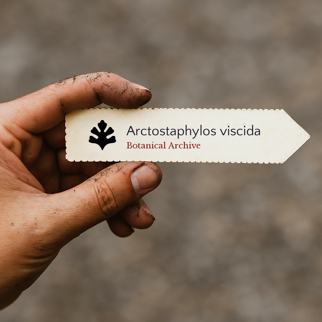 Printed plant label for Arctostaphylos viscida held by dirty hand with scalloped edges