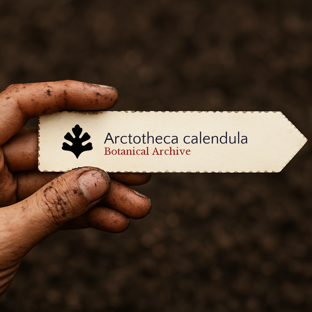 Etichetta stampata per pianta di Arctotheca calendula tenuta da mano sporca su sfondo di terreno