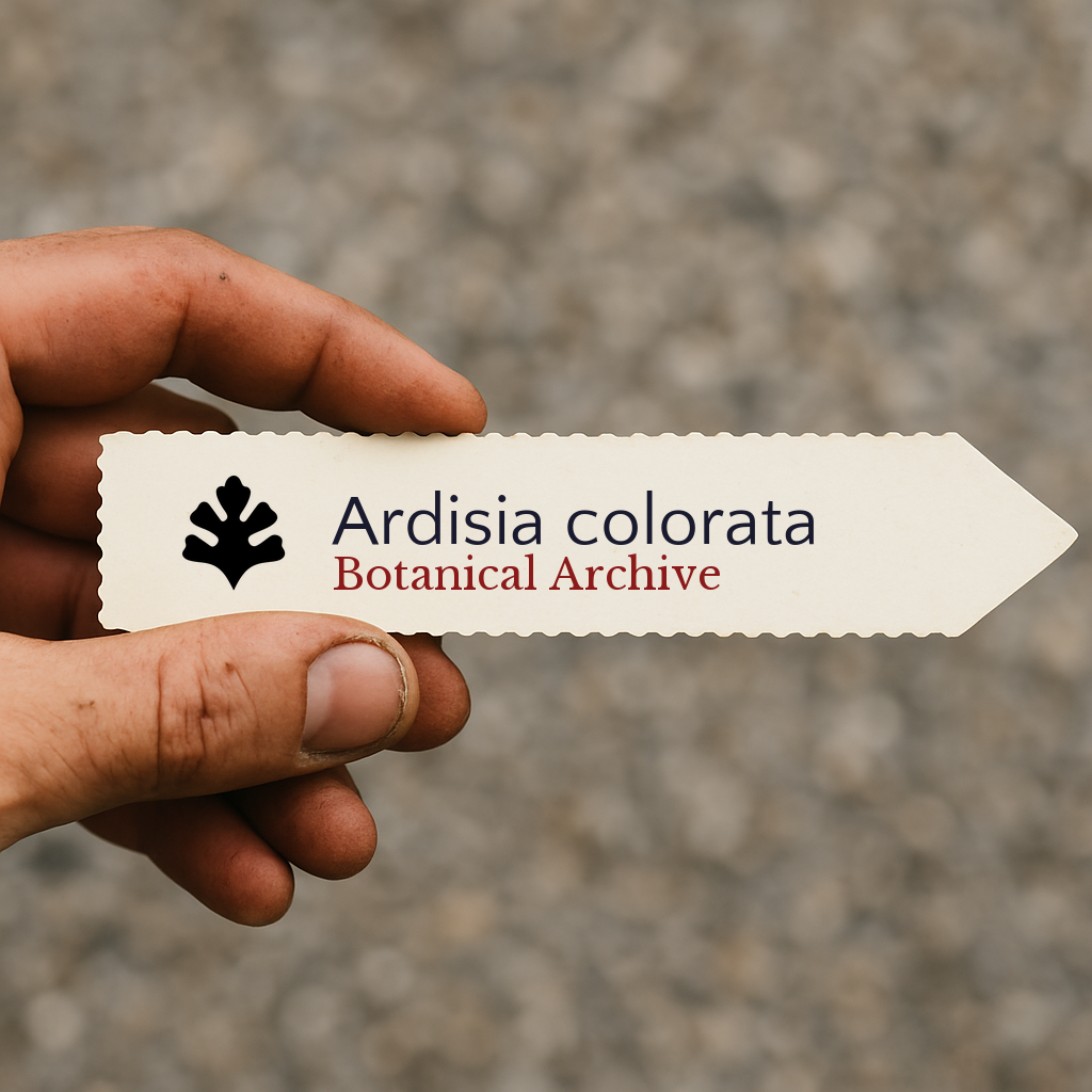 Printed plant label for Ardisia colorata with botanical archive logo held by hand