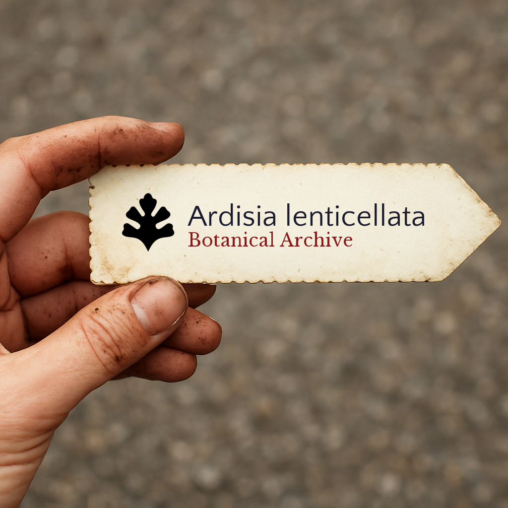 Vintage botanical archive label for Ardisia lenticellata held by hand