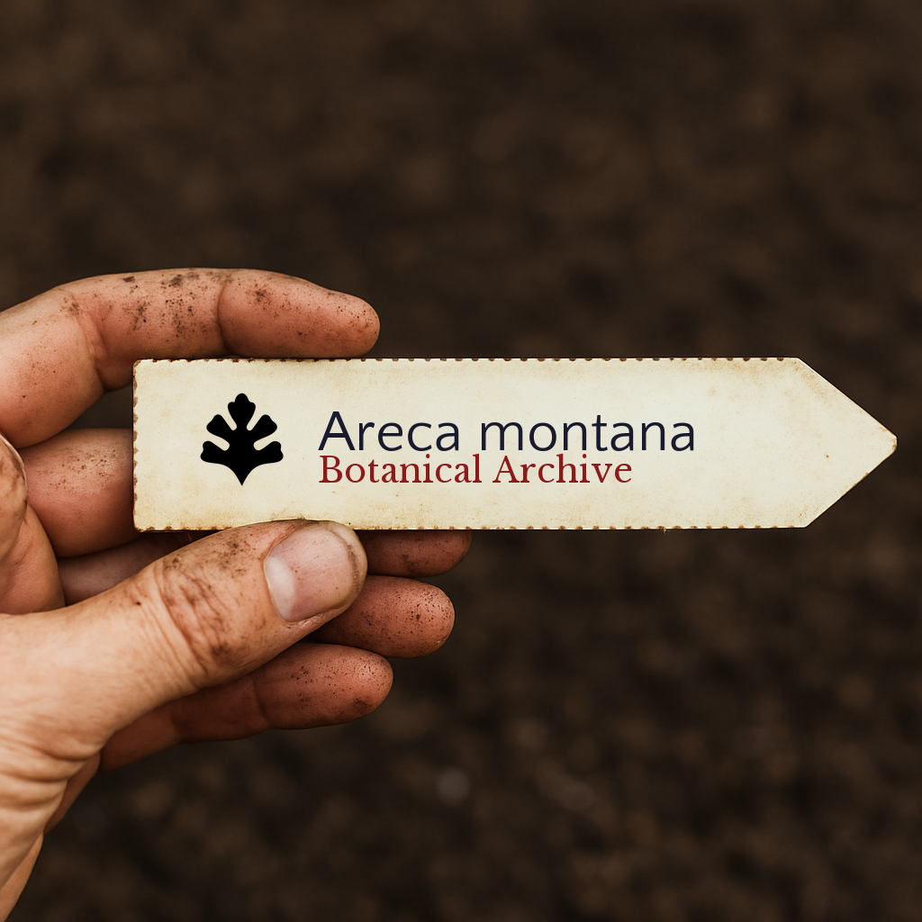 Printed plant label for Areca montana held by hand over soil background