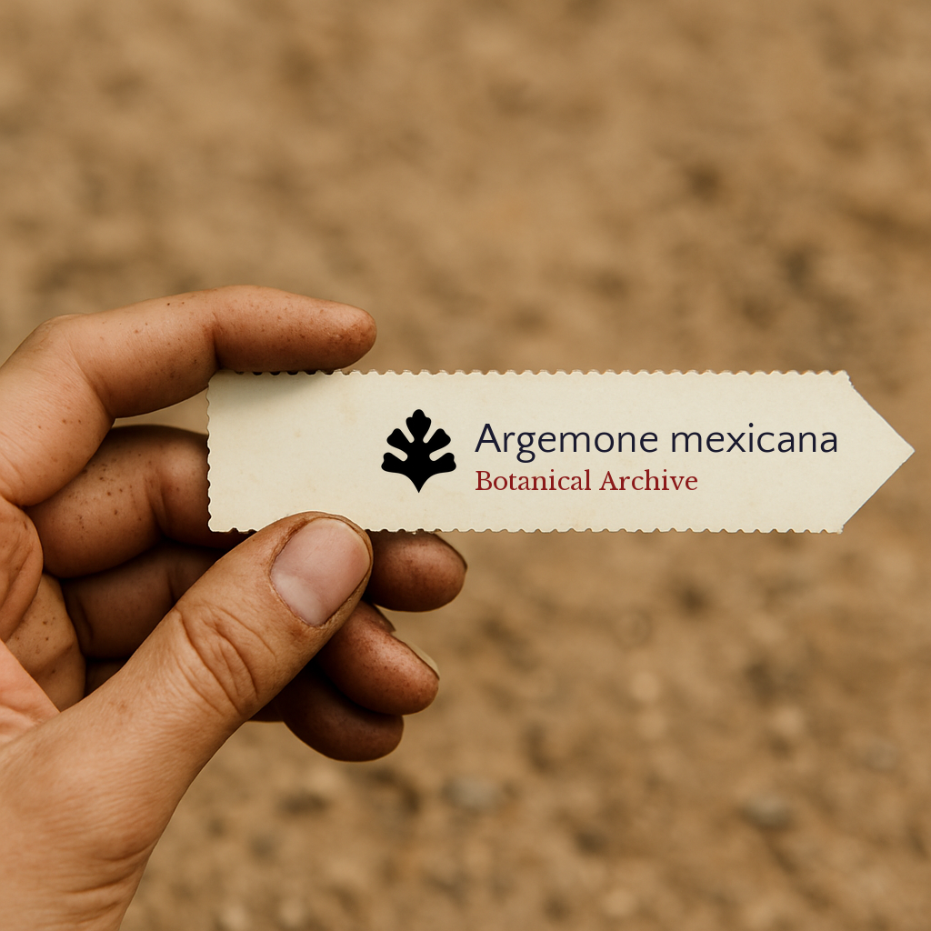 Etichetta per pianta stampata per Argemone mexicana tenuta in mano con sfondo sfocato di terreno