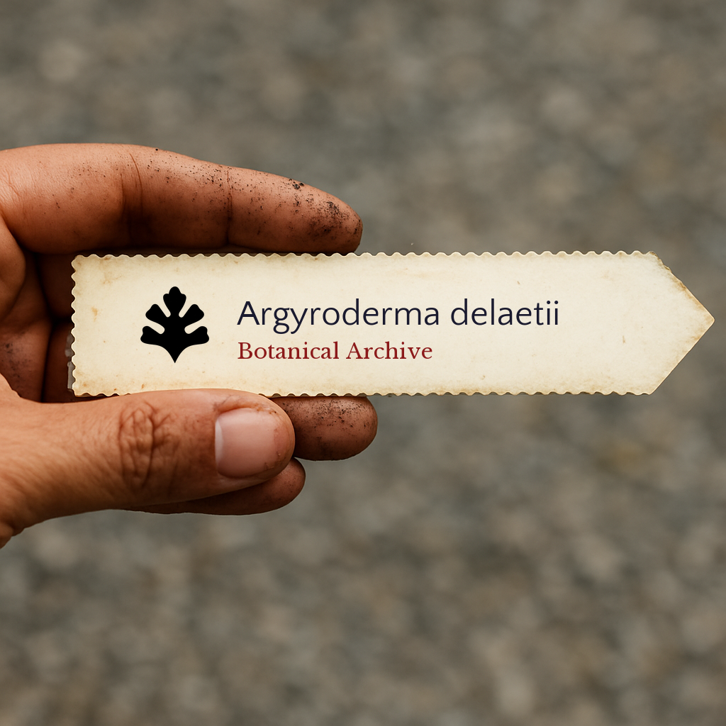 Etichetta stampata per pianta di Argyroderma delaetii tenuta a mano con terra sulle dita