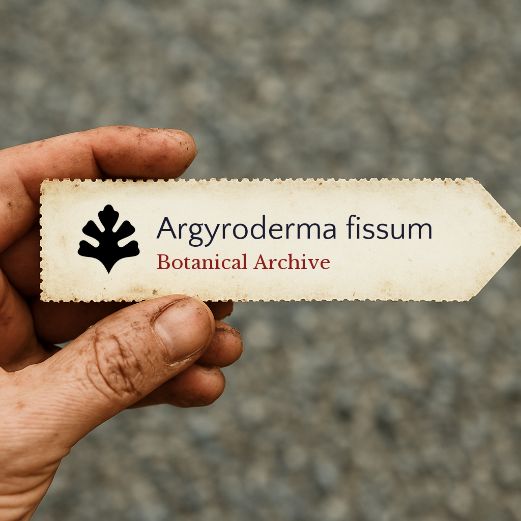 Etichetta stampata per pianta di Argyroderma fissum con logo Botanical Archive tenuta a mano