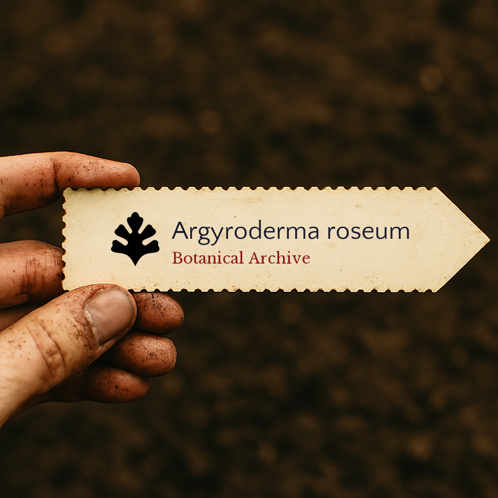 Printed plant label for Argyroderma roseum held by dirty hand over soil background
