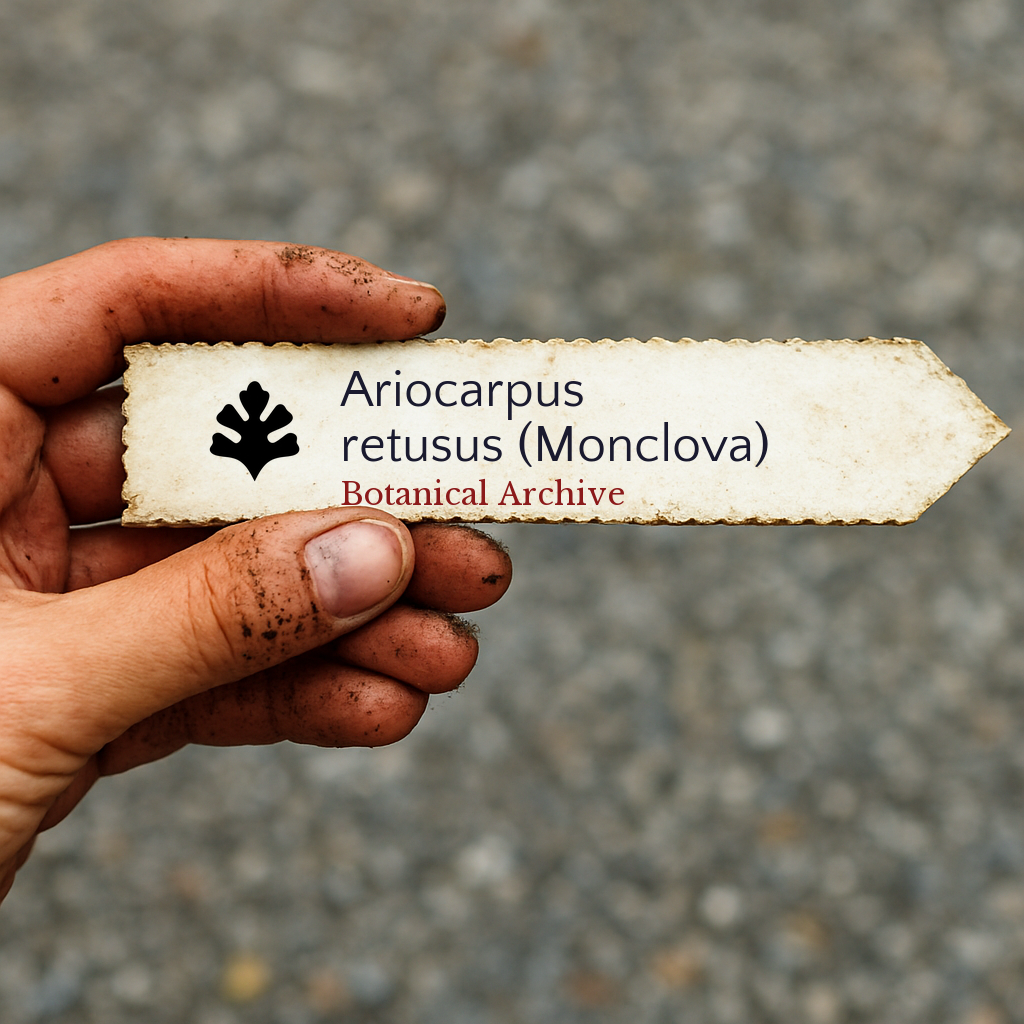 Printed plant label for Ariocarpus retusus (Monclova) held by dirty hand outdoors