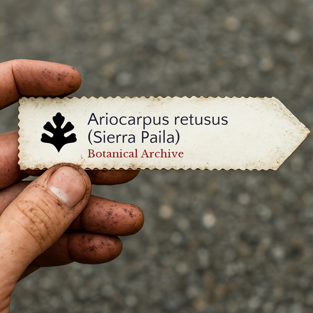 Etichetta della pianta stampata per Ariocarpus retusus (Sierra Paila) tenuta da una mano sporca all'aperto