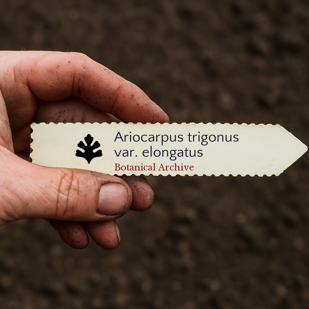Printed plant label for Ariocarpus trigonus var. elongatus held over soil background