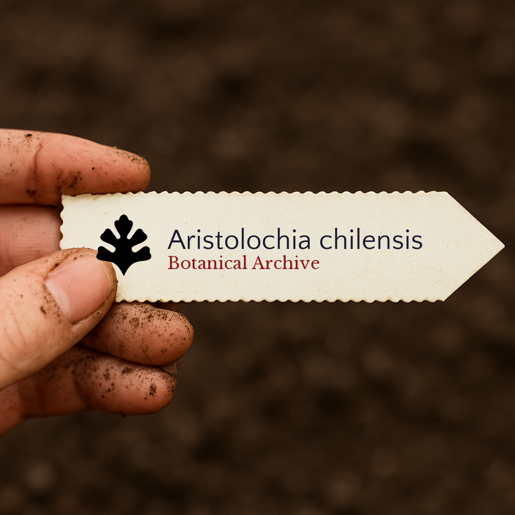 Etichetta stampata per pianta di Aristolochia chilensis tenuta da una mano sporca su sfondo di terra
