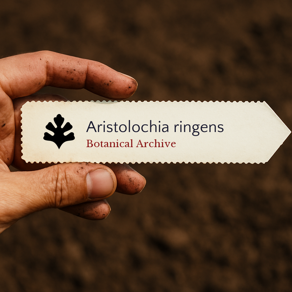 Etichetta per pianta stampata per Aristolochia ringens tenuta a mano con sfondo di terreno