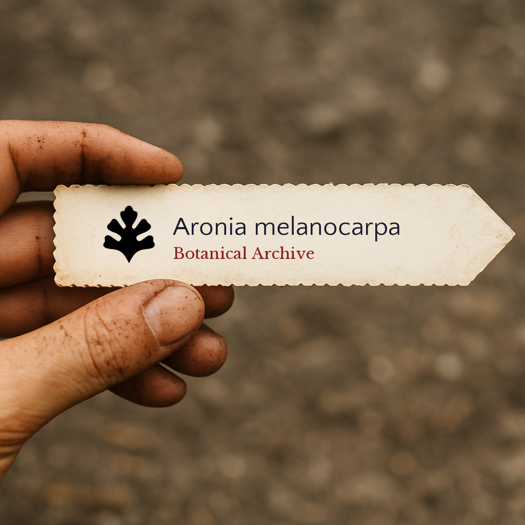 Etichetta per pianta stampata per Aronia melanocarpa con il logo Botanical Archive tenuta a mano