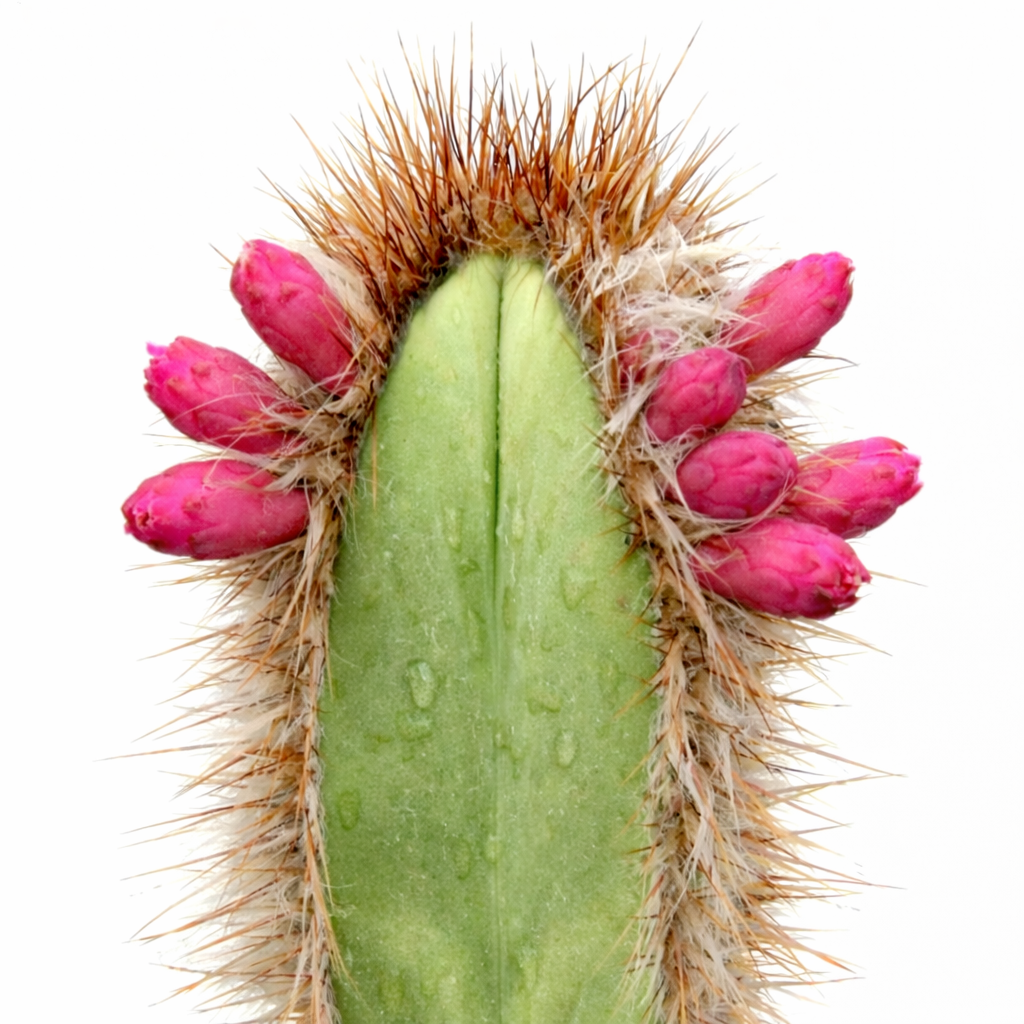 Arrojadoa brauniorum raro cactus con fusto verde e grappoli di boccioli di fiori di un brillante rosa acceso