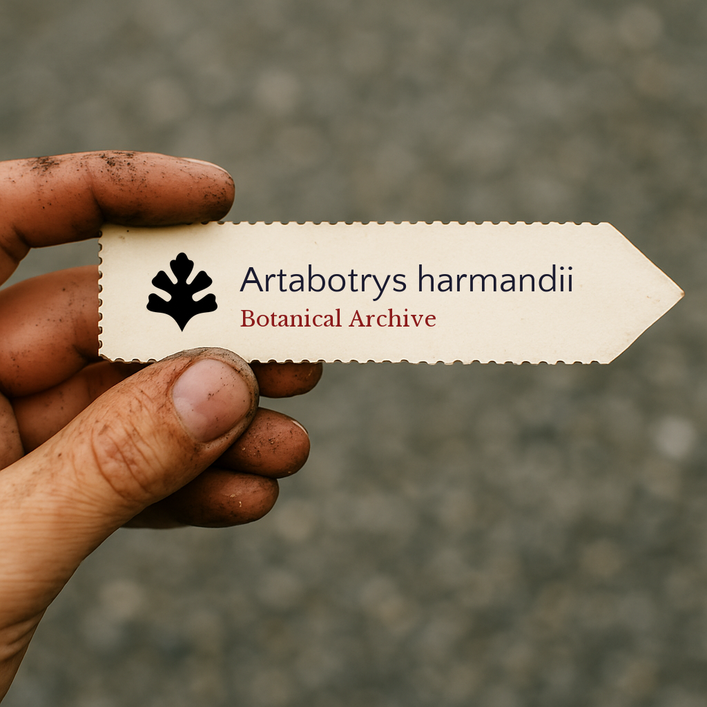 Etichetta per pianta stampata per Artabotrys harmandii tenuta da mano sporca all'aperto