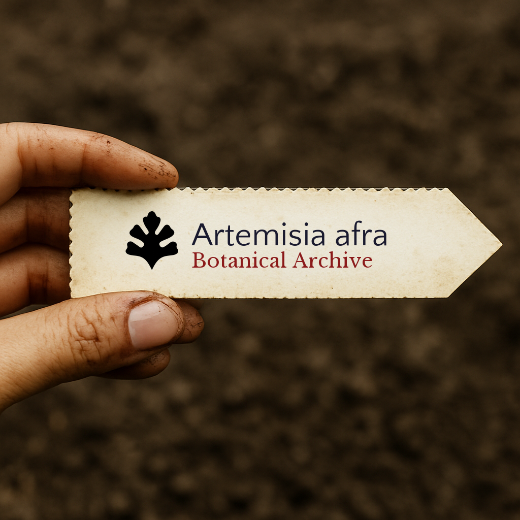 Etichetta stampata per pianta di Artemisia afra con logo Botanical Archive su sfondo di terriccio