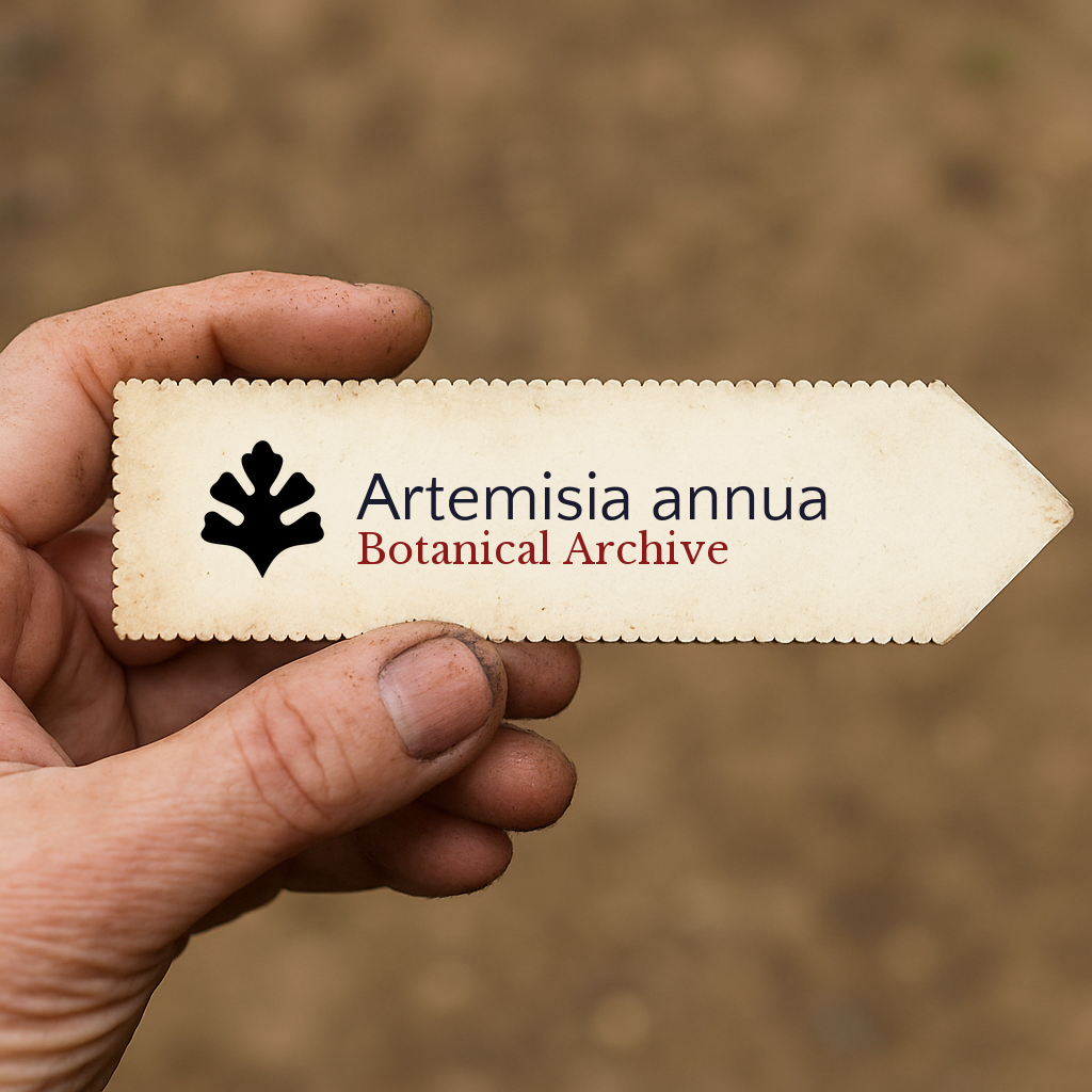 Etichetta per piante stampata per Artemisia annua tenuta a mano con sfondo di terra