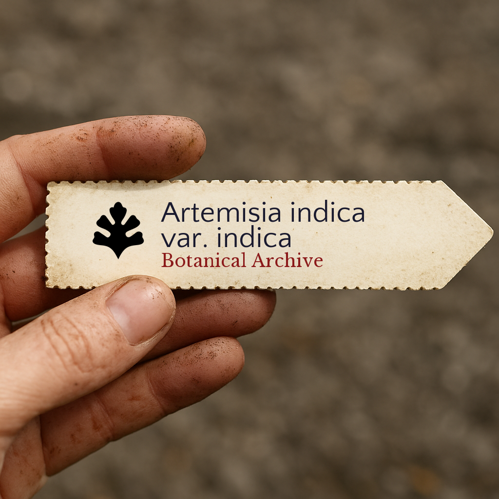 Etichetta stampata per pianta di Artemisia indica var. indica tenuta da mano sporca all'aperto