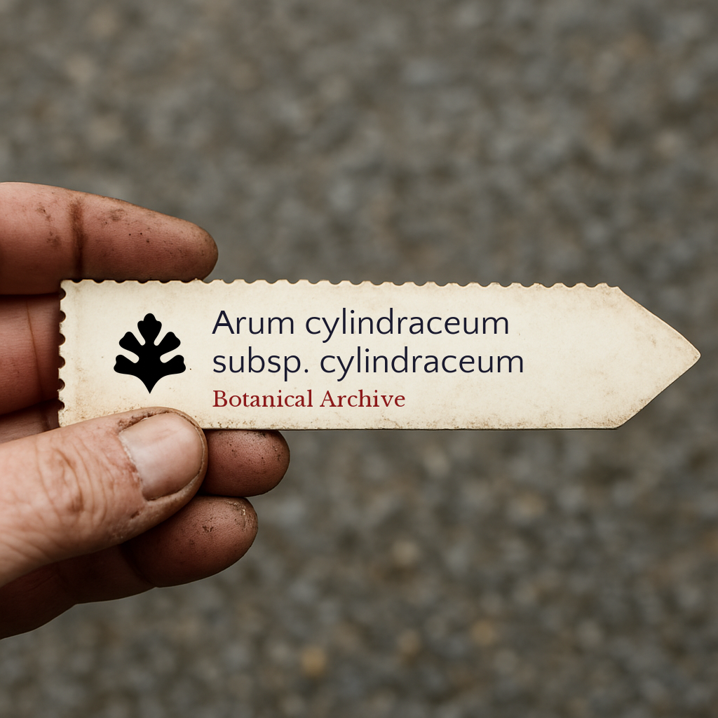 Etichetta stampata per pianta di Arum cylindraceum subsp. cylindraceum tenuta a mano con sfondo di terra
