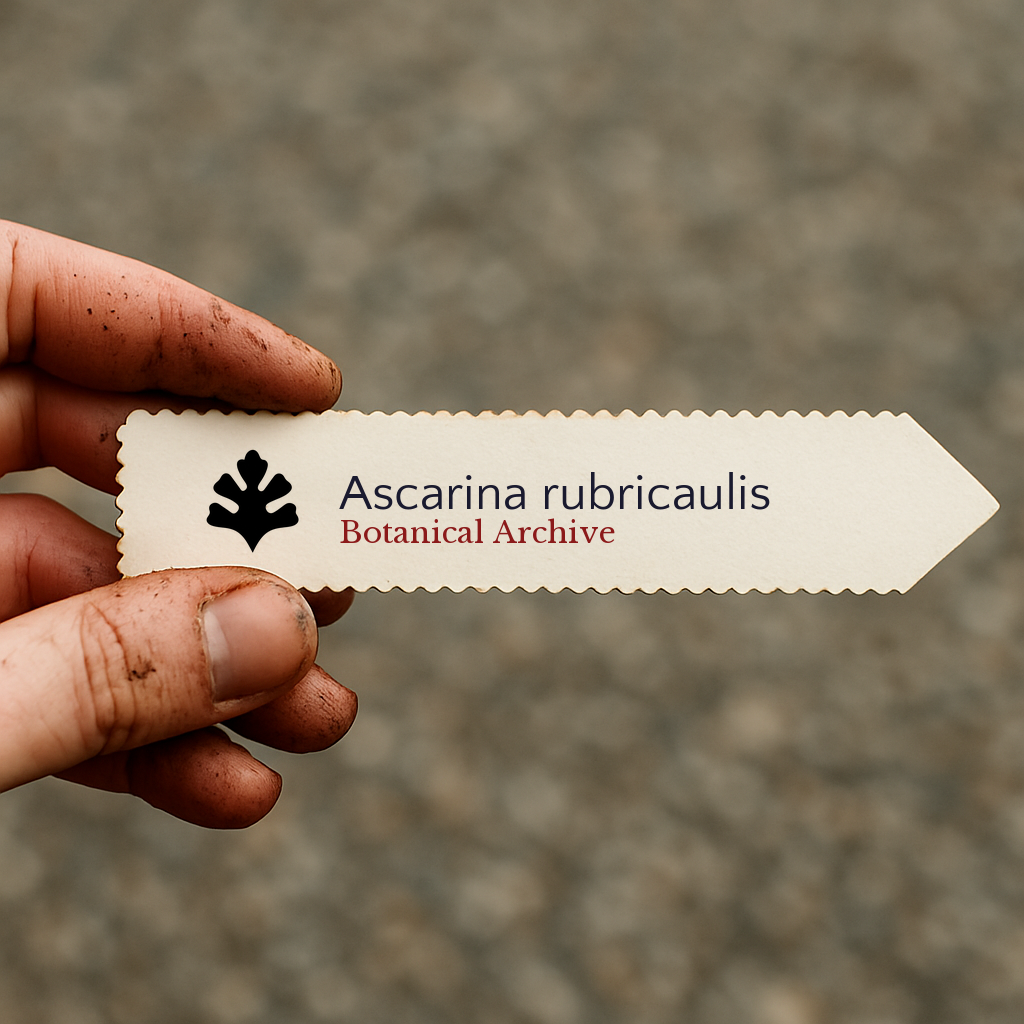 Printed plant label for Ascarina rubricaulis held by hand with soil-stained fingers
