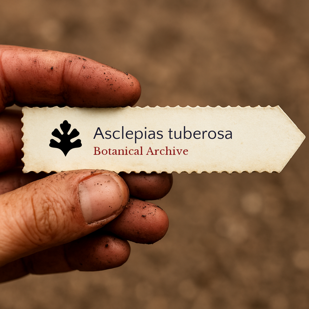 Etichetta stampata per pianta di Asclepias tuberosa tenuta da una mano sporca all'aperto