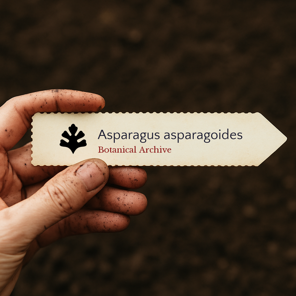 Etichetta stampata per pianta di Asparagus asparagoides tenuta da una mano sporca sullo sfondo di terra