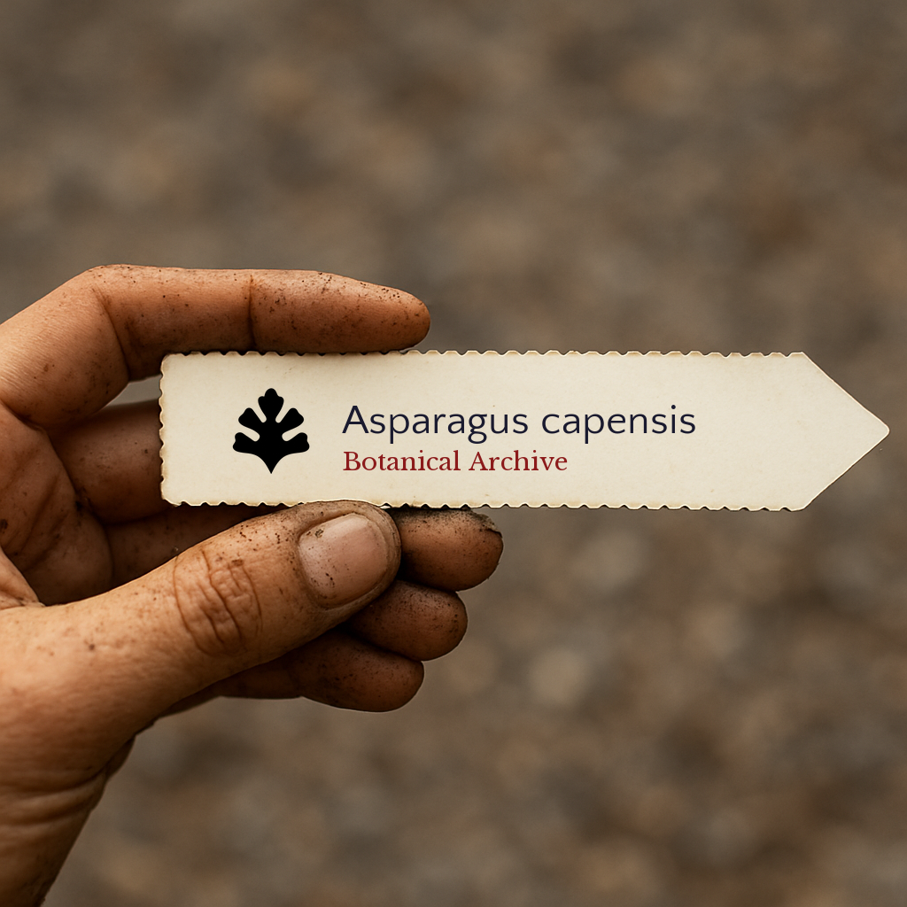 Printed plant label for Asparagus capensis held by dirt-covered hand outdoors