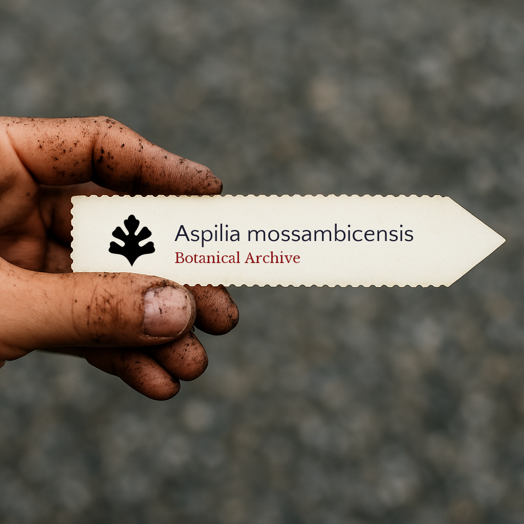 Etichetta per pianta stampata per Aspilia mossambicensis tenuta da una mano sporca all'aperto