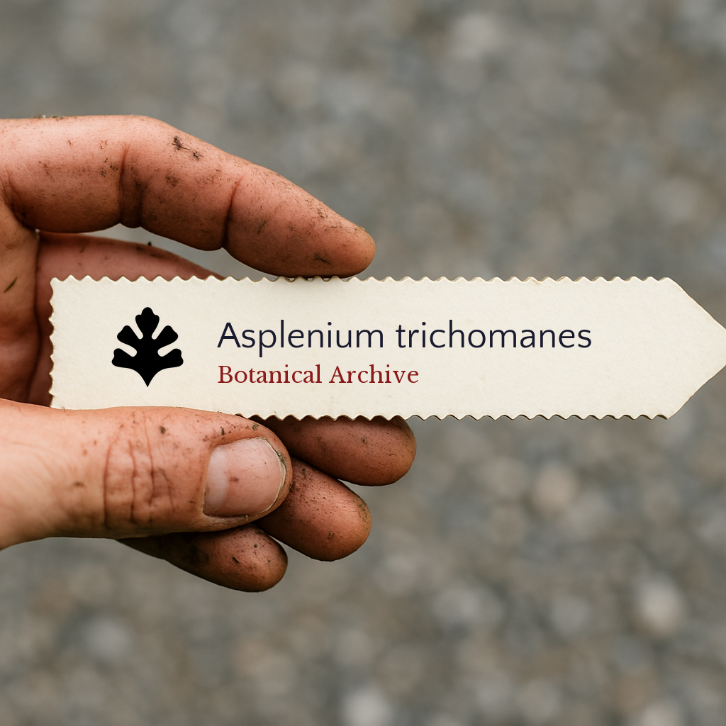 Etichetta per pianta stampata per Asplenium trichomanes con il logo Botanical Archive tenuta da una mano sporca