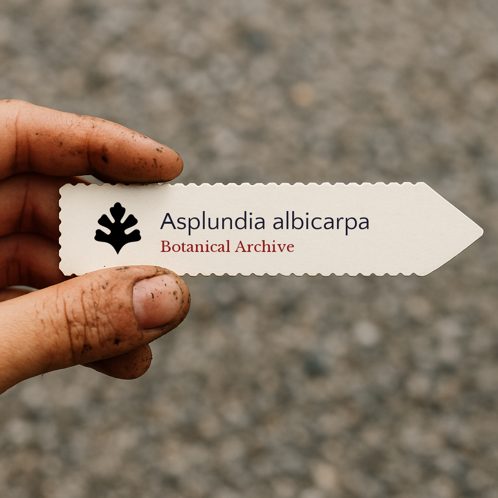Printed plant label for Asplundia albicarpa held by dirty hand outdoors