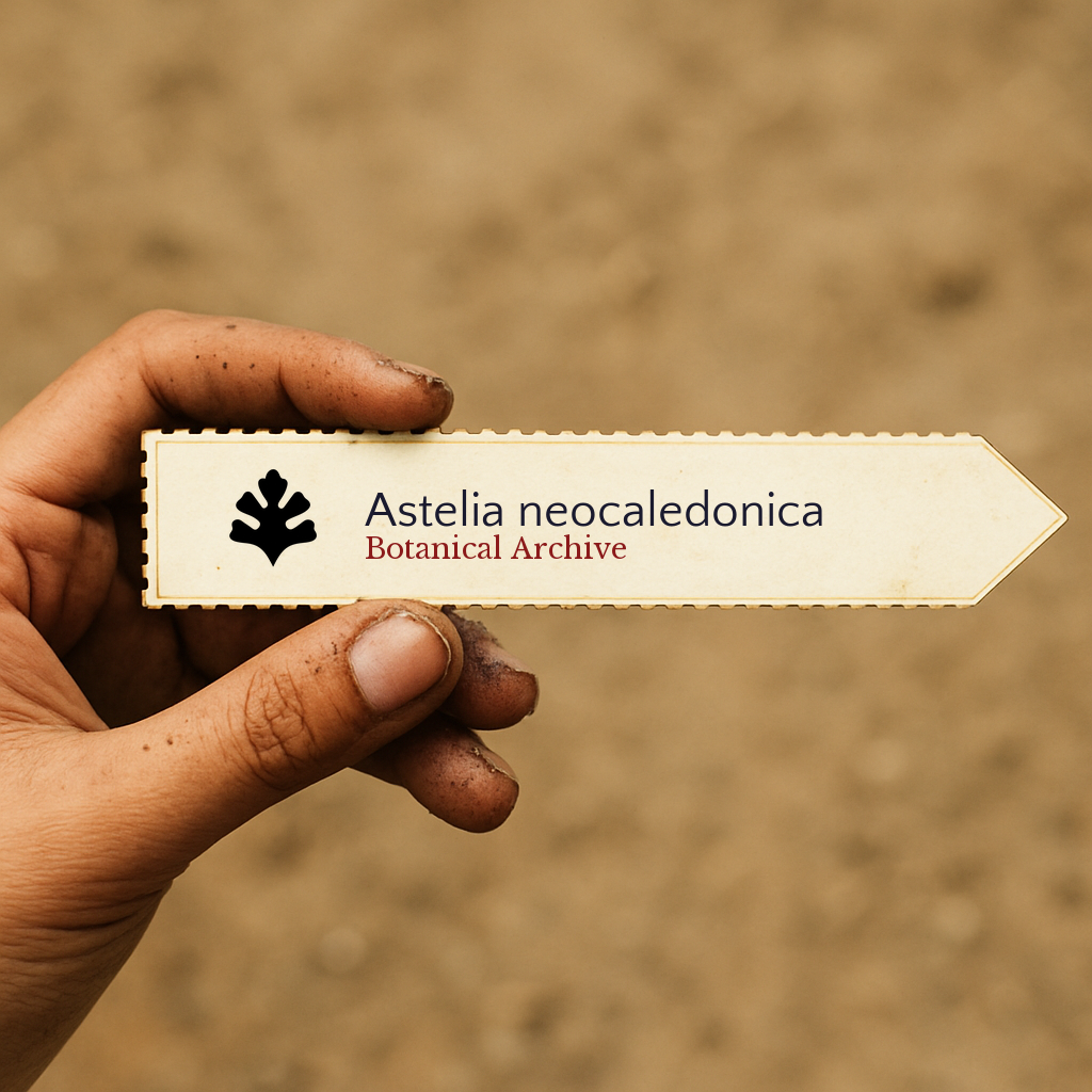 Etichetta per pianta stampata per Astelia neocaledonica tenuta a mano con sfondo di terra