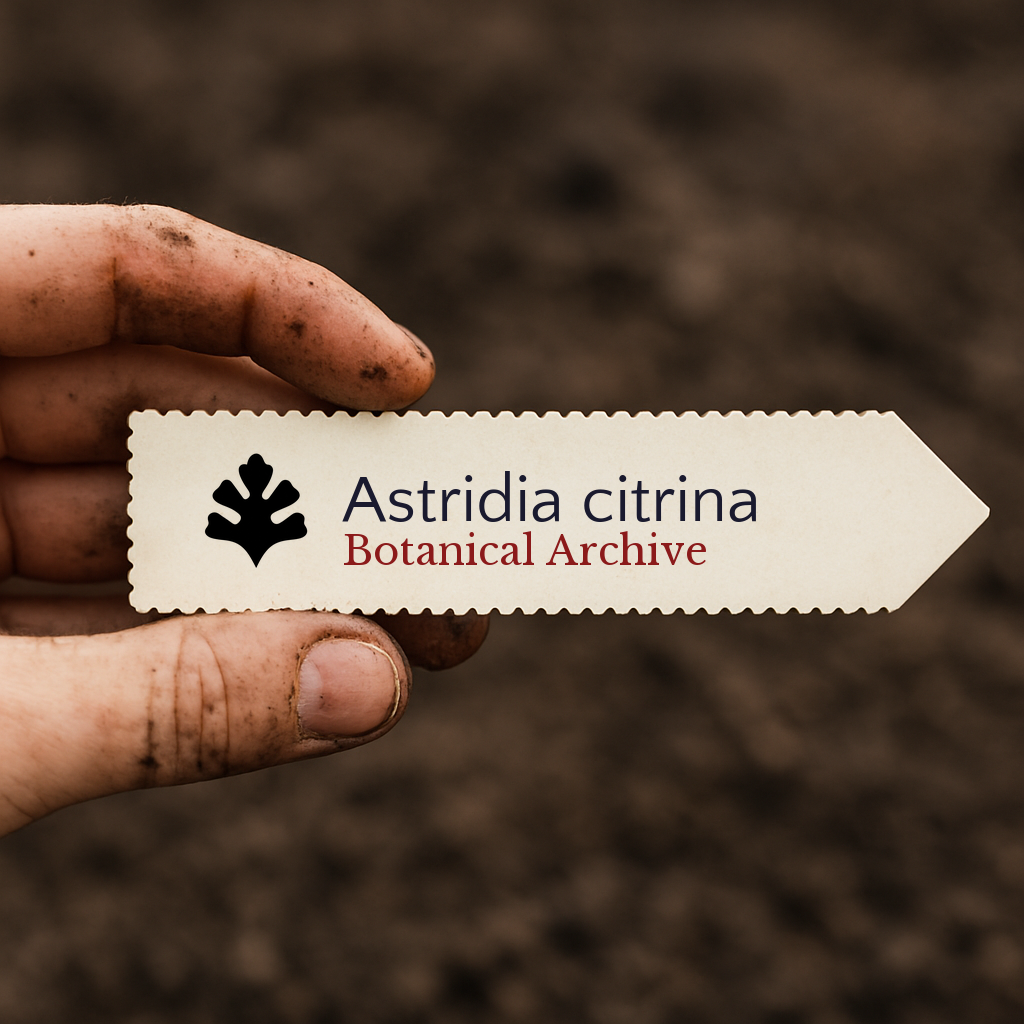 Printed plant label for Astridia citrina held by dirty hand over soil background