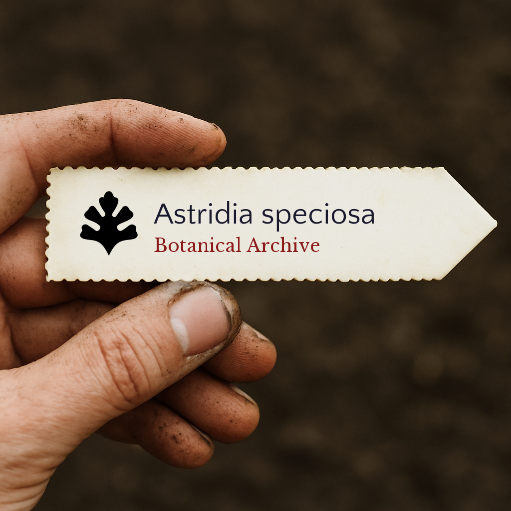 Printed plant label for Astridia speciosa held by dirty hand over soil background