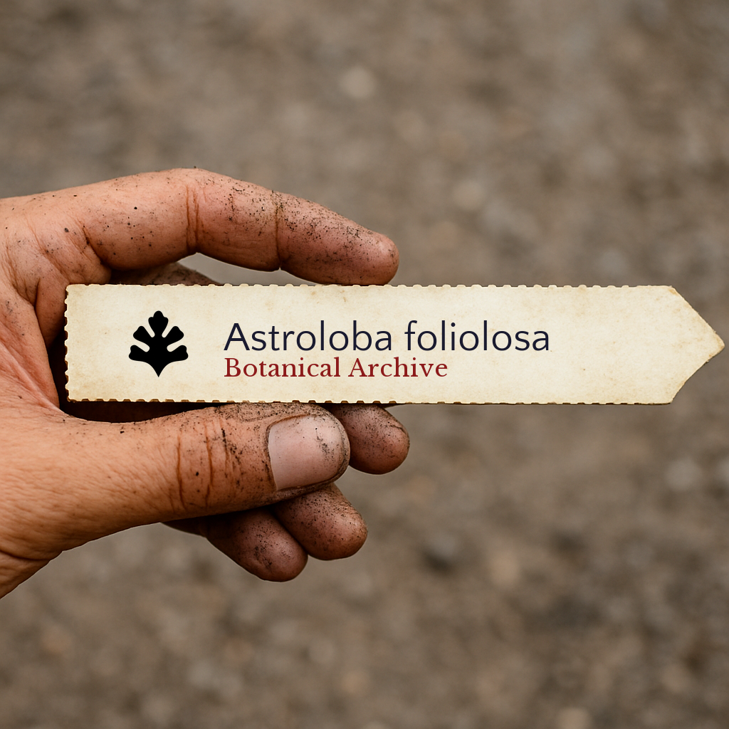 Printed plant label for Astroloba foliolosa held by dirty hand outdoors