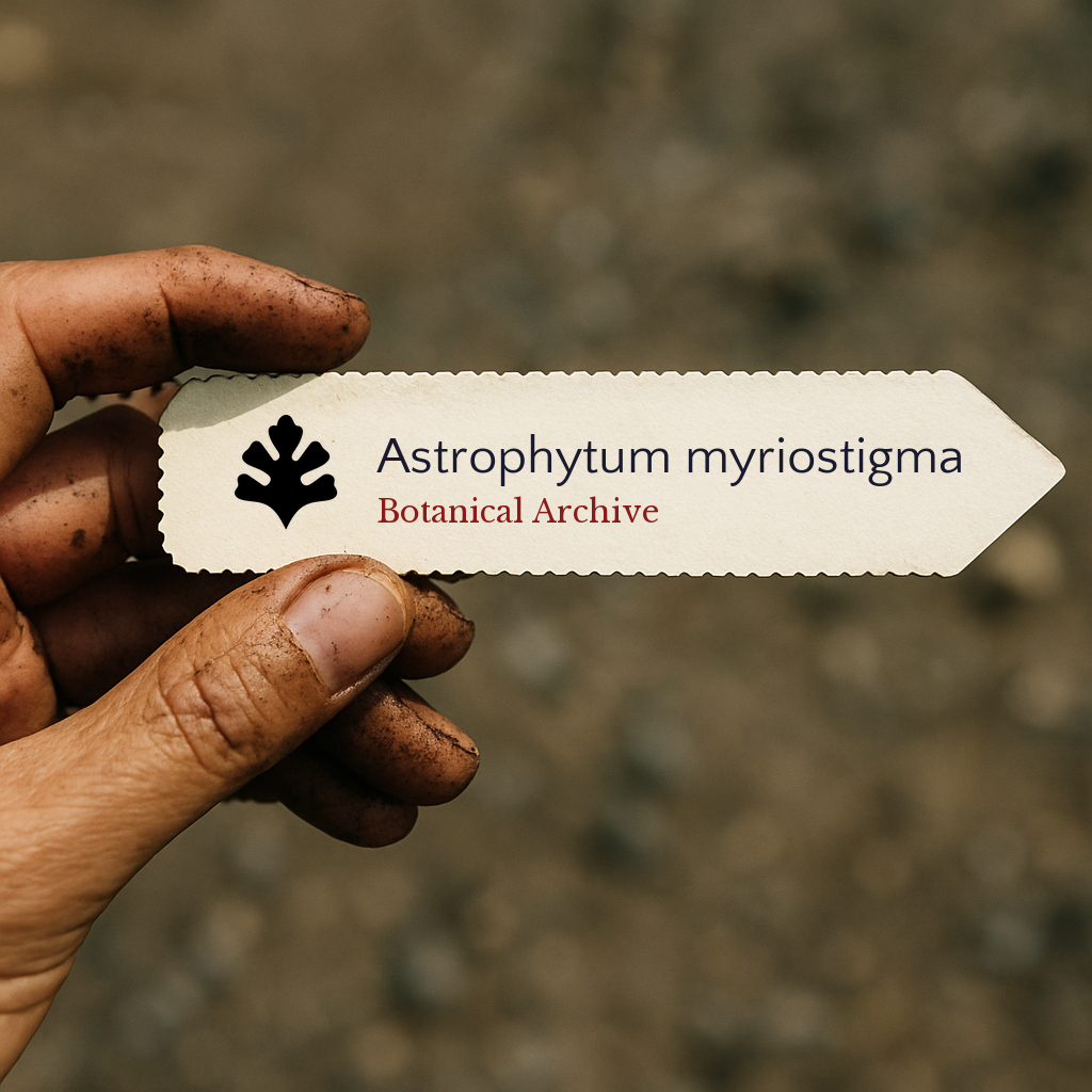 Printed plant label for Astrophytum myriostigma held by dirty hand outdoors