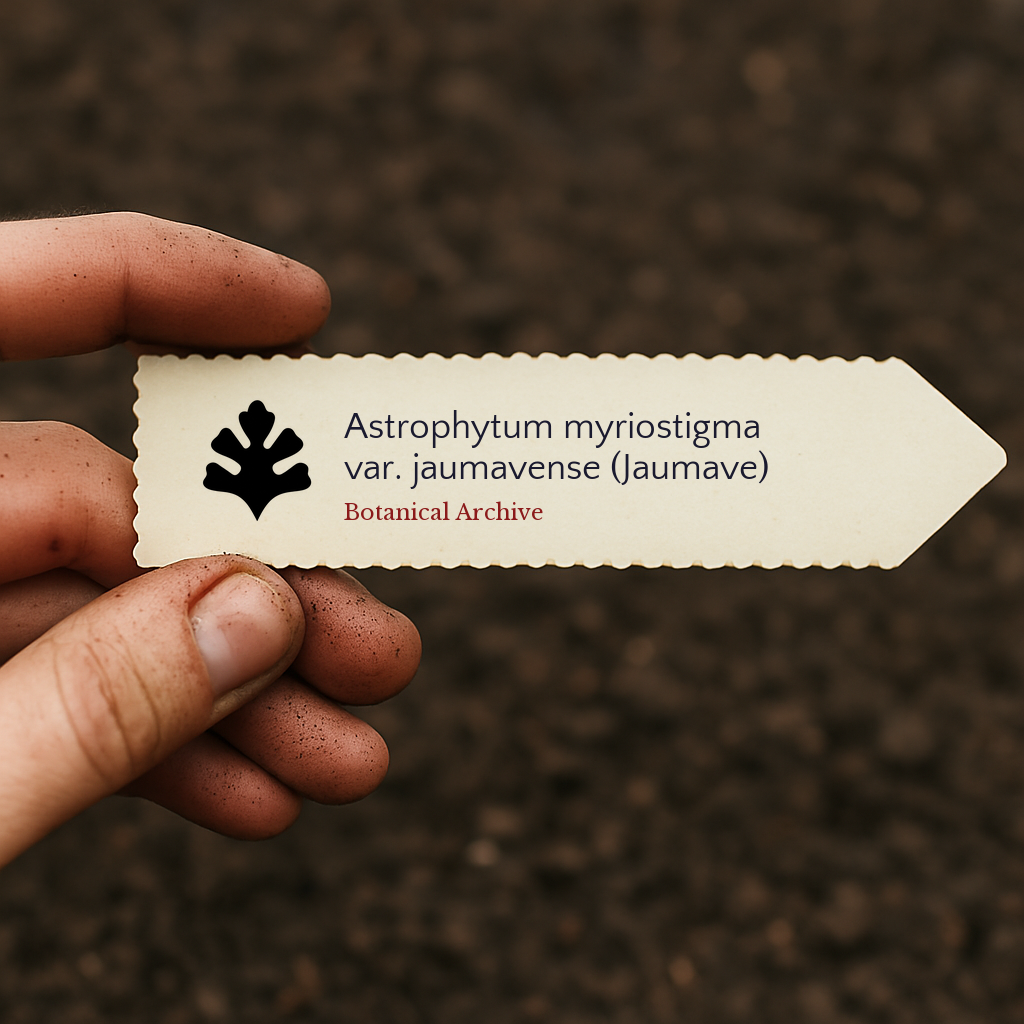 Printed plant label for Astrophytum myriostigma var. jaumavense held over soil background