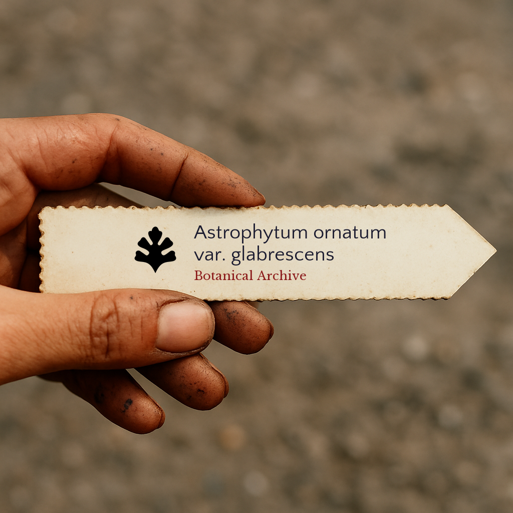 Printed plant label for Astrophytum ornatum var. glabrescens held by dirty hand outdoors