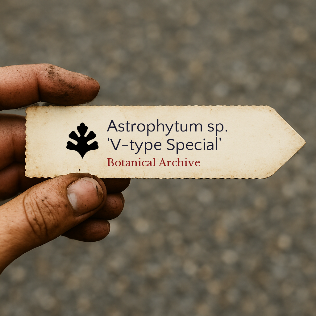 Printed plant label for Astrophytum sp. 'V-type Special' held by dirty hand outdoors