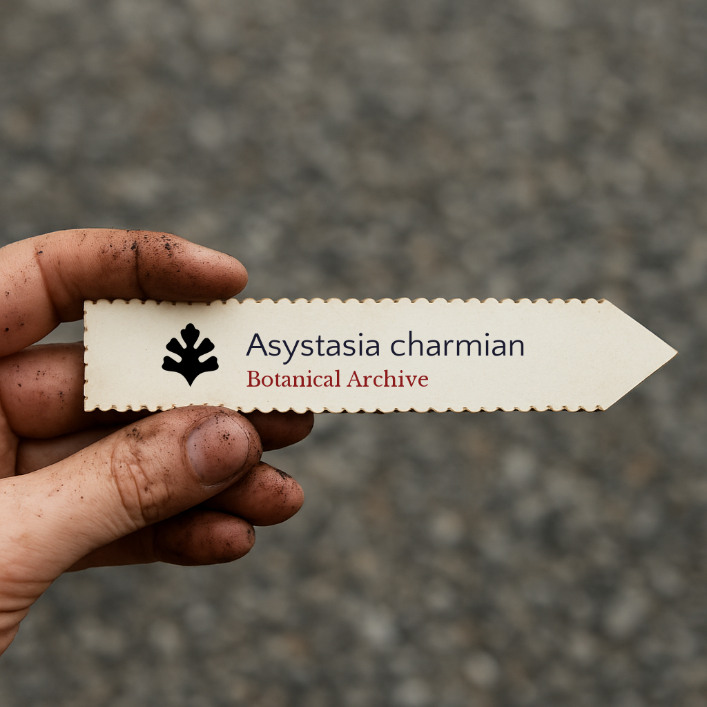 Etichetta per pianta stampata di Asystasia charmian tenuta da una mano sporca all'aperto
